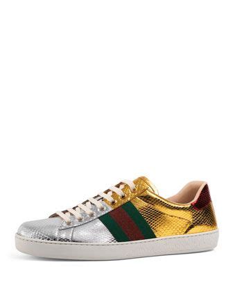 silver and gold gucci sneakers